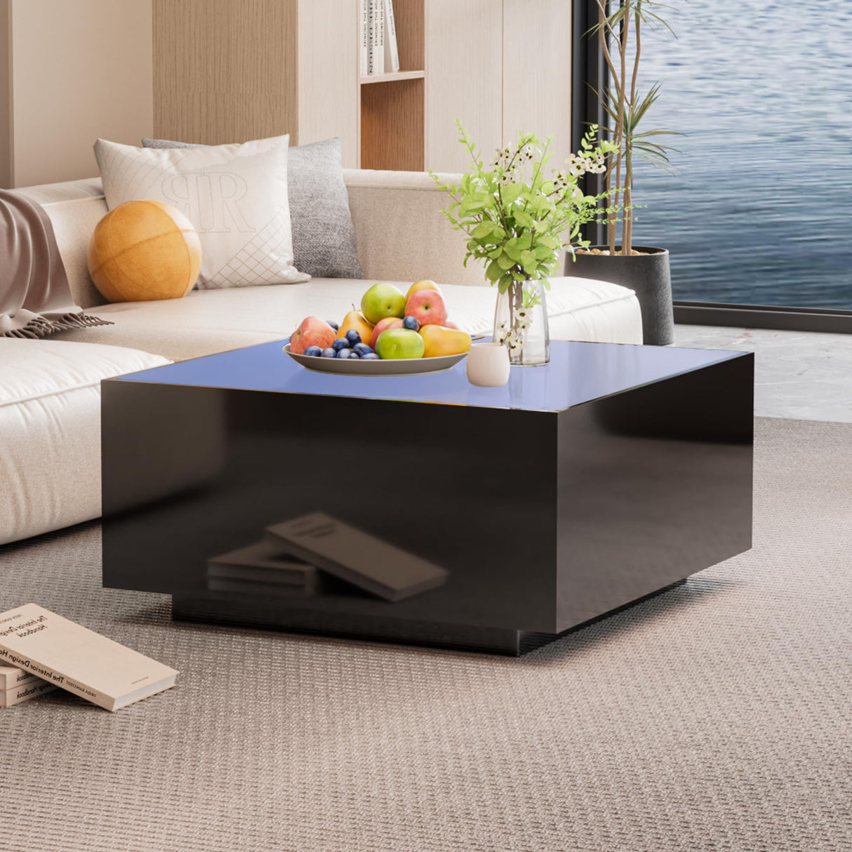 LUMISOL 27.5” High Glossy Coffee Table, Square Coffee Table with LED Strip Lights, Modern Center Table with Frosted Tempered Glass Top, LED Coffee Table for Living Room, Black LUMISOL