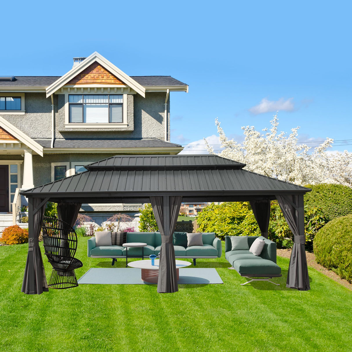 Domi Hardtop Gazebo 12x20FT, Aluminum Outdoor Gazebo with Galvanized Steel Double Roof Canopy, Curtains and Netting Included, Metal Gazebo Permanent Pavilion for Patio, Lawn, Garden, Gray domi outdoor living