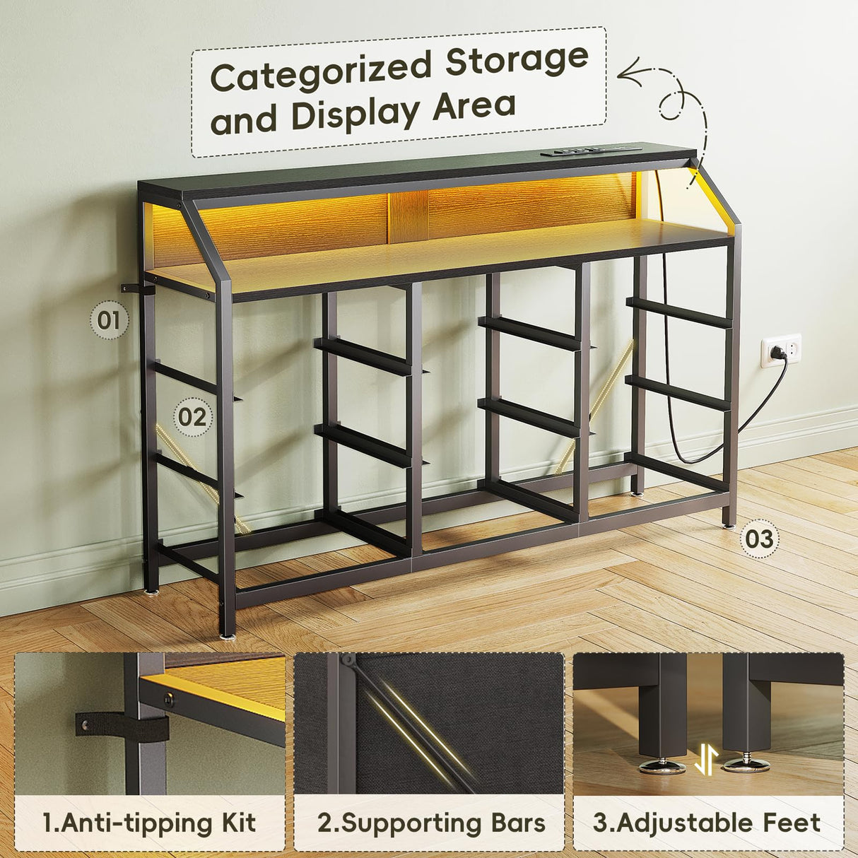 KKL Dresser for Bedroom with LED Lights, 9 Drawer Bedroom Dresser with Charging Station, Fabric Dressers & Storage Chest of Drawers with Shelves for Closet, Sturdy Steel Frame Wooden Top, Black KKL