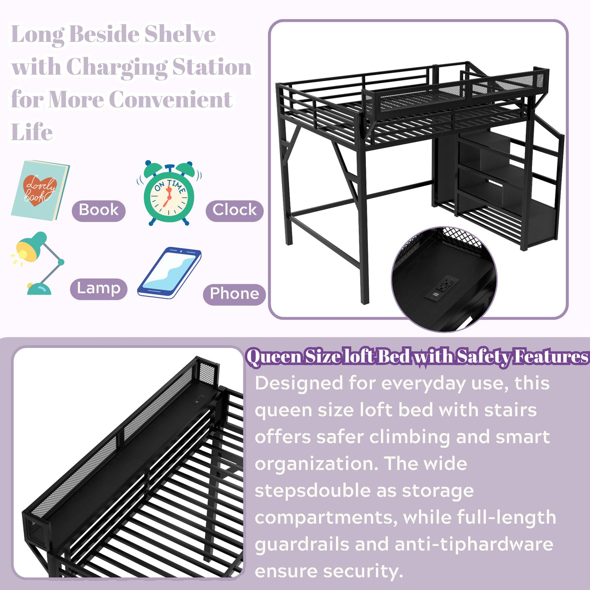Queen Loft Beds with Storage Beside Shelves and Wardrobe, Metal Loft Bed Queen with LED Lights and USB Ports, Heavy-Duty Loft Bed Frame for Teens, Adults, Noise-Free & Space-Saving, Metal Black Bellemave
