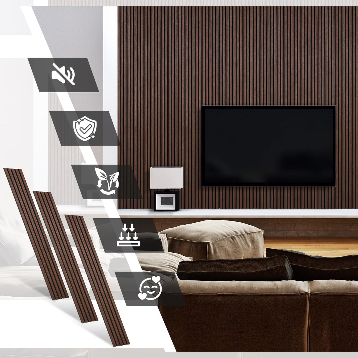 Frienda 6 Pcs 94.5 x 7.9 Inch Acoustic Wood Wall Panels Decorative Soundproof Wall Panels 3D Slat Wood Panels for Home Office Cinema Interior Wall Decoration (Walnut Wood) Frienda