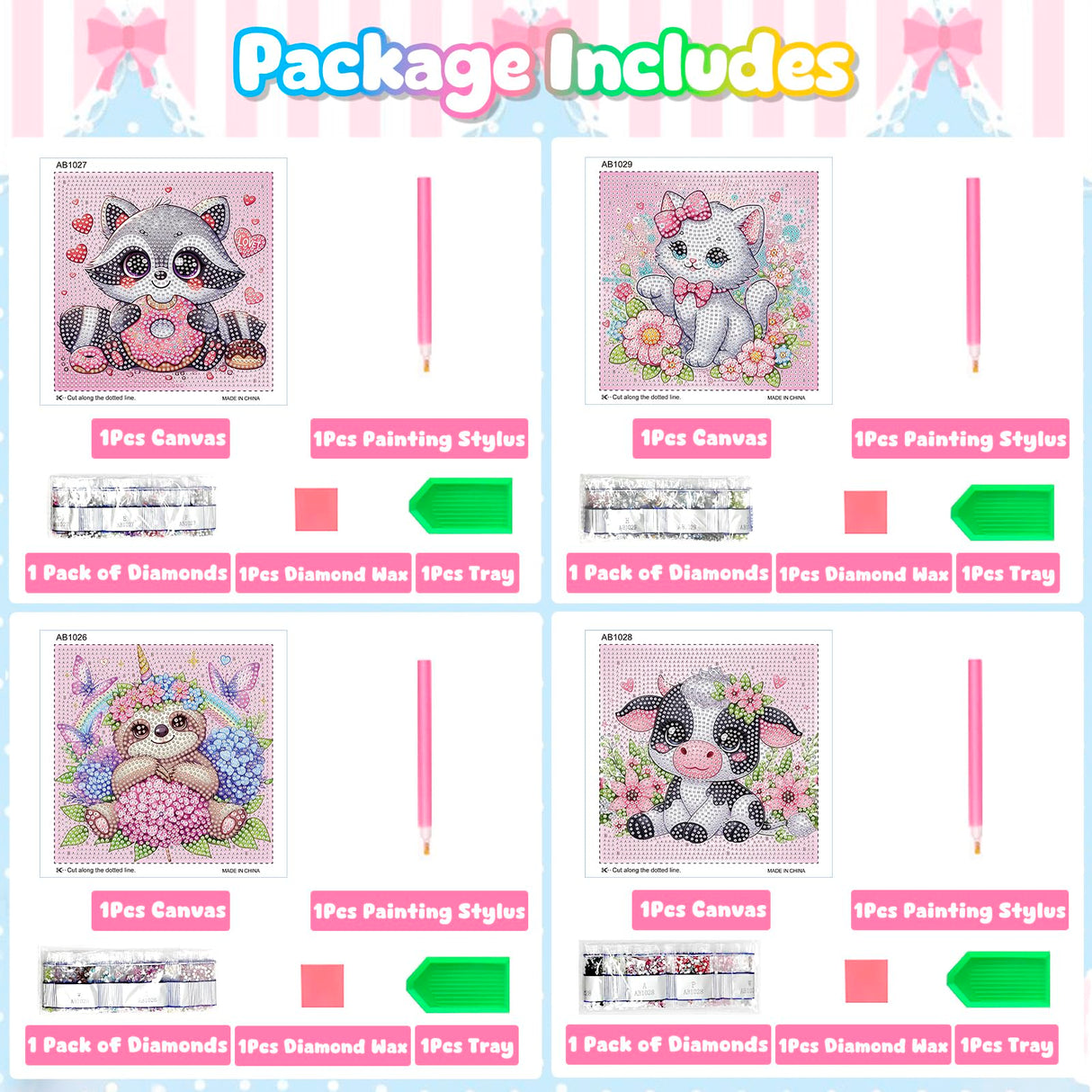 Diamond Art Kits for Kids, 4 Pieces Cartoon Animals Diamond Painting Kits for Adults Beginner, 5D Full Round Drill Gem Art Arts and Crafts for Kid Mosaic Kits for Gift Home Wall Decor Kids 6X6 inch NANZHOO