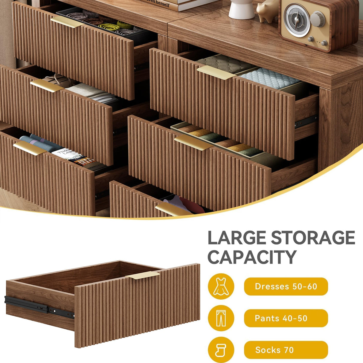 LSKTGA 6 Drawer Dresser for Bedroom, Large Fluted Dresser with Wide Drawers and Golden Handles, Storage Organizer Dresser, Modern Wooden Dresser Chest for Bedroom Living Room, Walnut LSKTGA