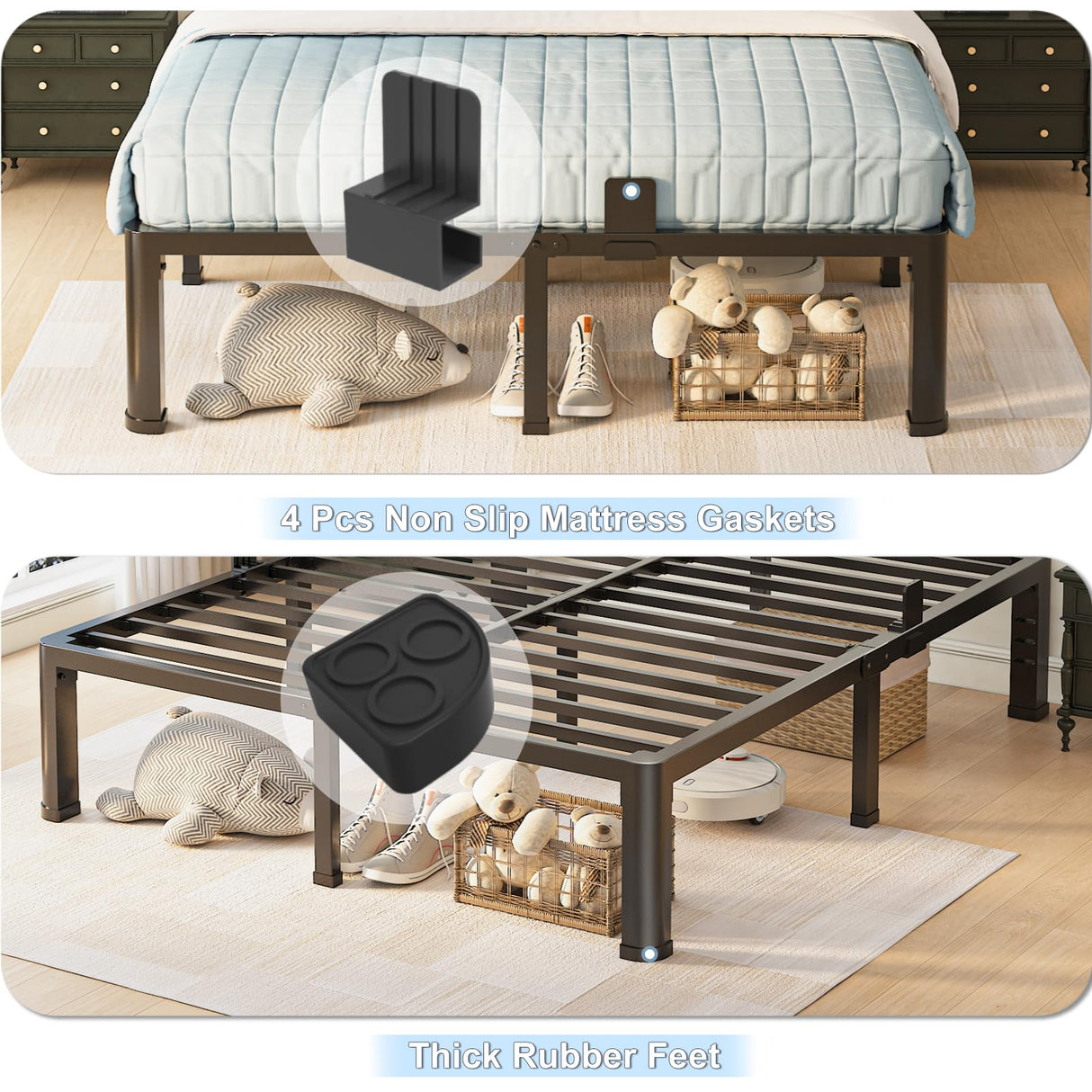 10 inch Queen Bed Frame with Round Corner Legs and Headboard Hole Mattress Slide Stopper Low Profile Heavy Duty Metal Platform,Steel Slats Support,No Box Spring Needed,Easy Assembly,Noise Free Yitong Angel