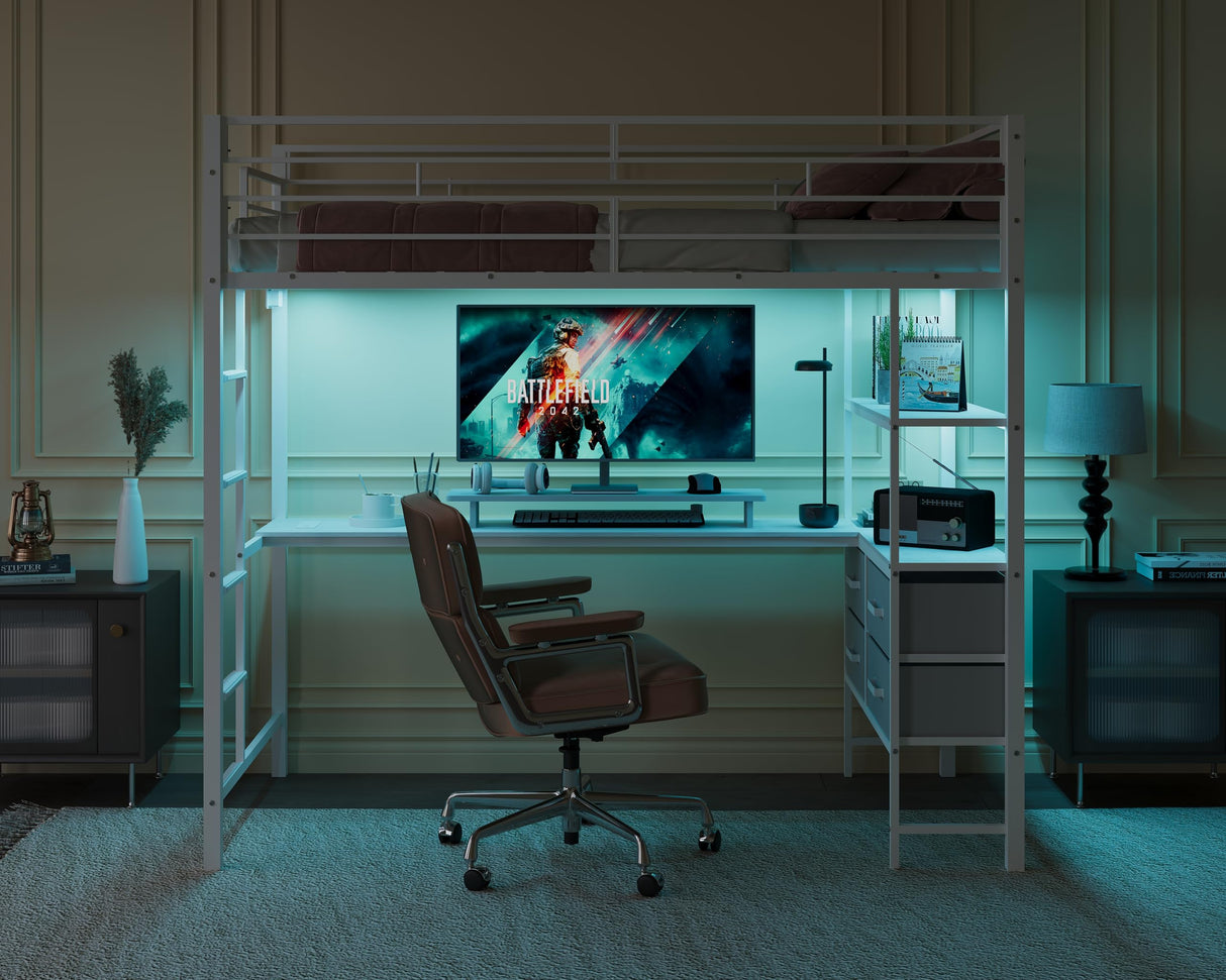 VINGLI Twin Loft Bed with 15 Inches Safety Guardrail/L-Shaped Desk/Flat Rungs, LED Single High Sleeper with 2 Charging Stations/Storage Shelves/Dresser, Heavy Duty Metal Support Slat, White VINGLI