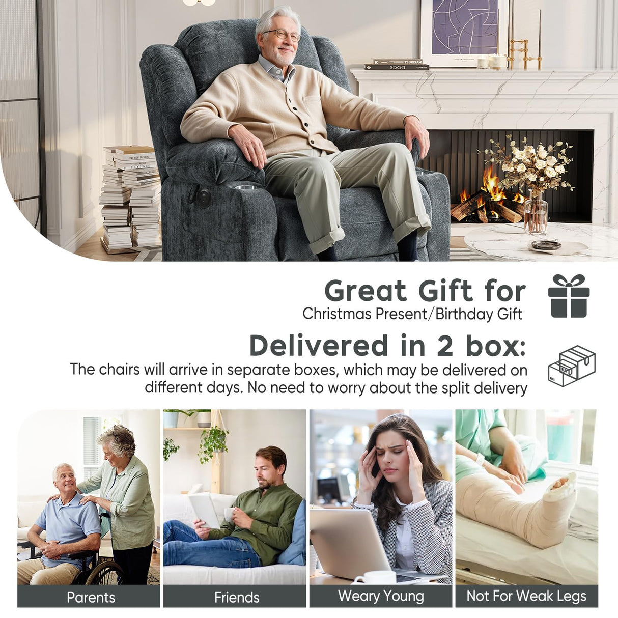 ABCASA Large Dual Motor Lay Flat Power Lift Recliners Chair for Elderly with Heat & Massage, Comfortable Chenille Recliner, USB-A & C, Cup Holder, Side Pocket, Brown ABCASA