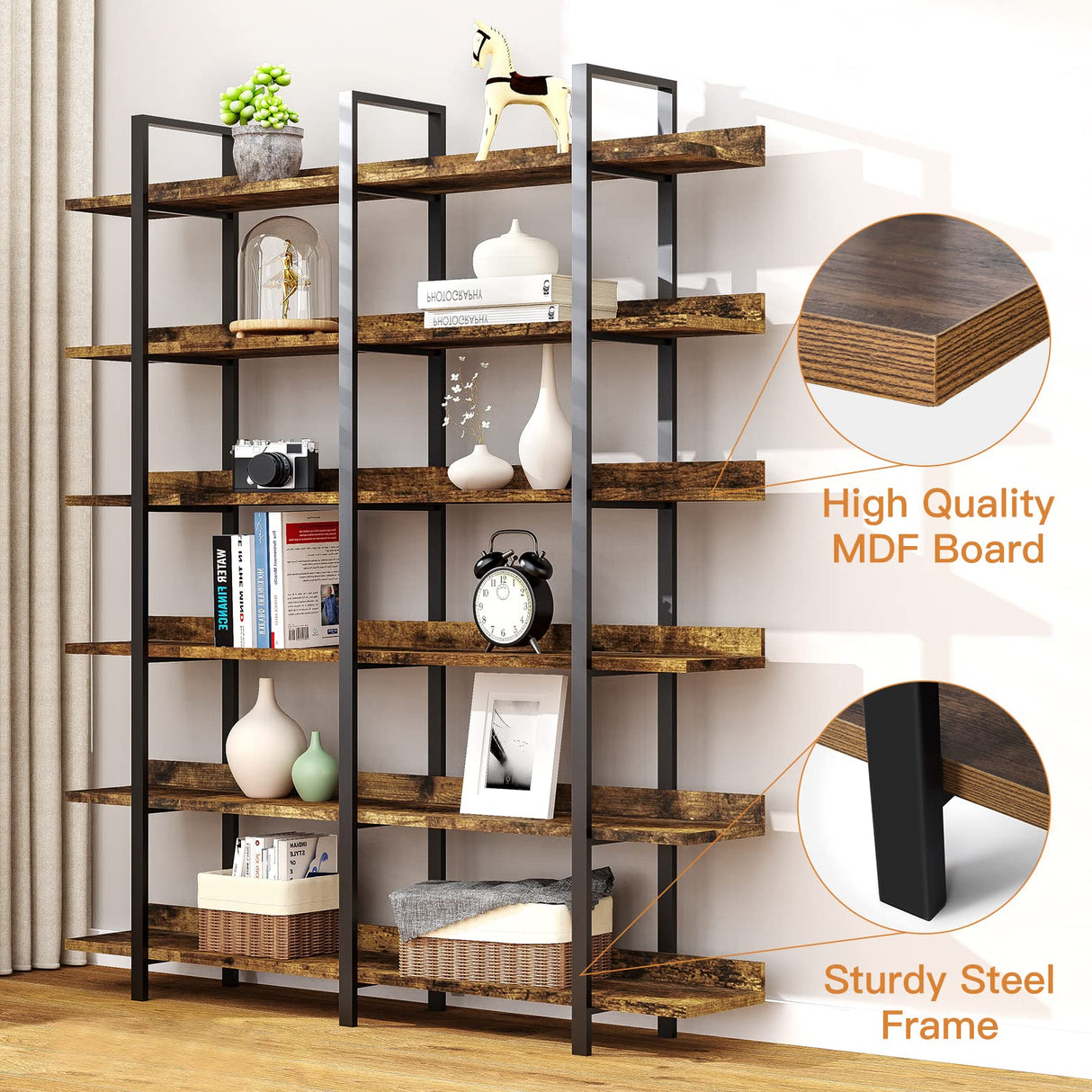 FRAPOW 83Inch Industrial Bookshelf and Bookcase, Double Wide 6 Tier Large Vintage Book Shelf with Metal Frame Open Bookshelves for Living Room Home Office FRAPOW