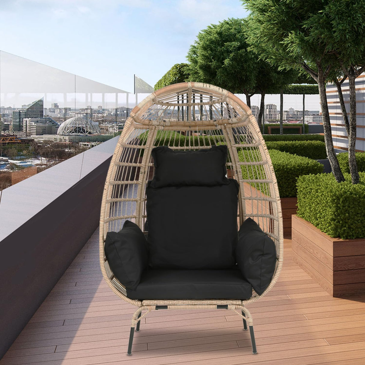 Egg Chair Outdoor Rattan Patio Egg Chair Hand-Woven Oversized Wicker Egg Chair Outdoor Indoor Lounge Chair with Padded Cushions Steel Frame for Living Room Backyard Patio Porch, Black FDW