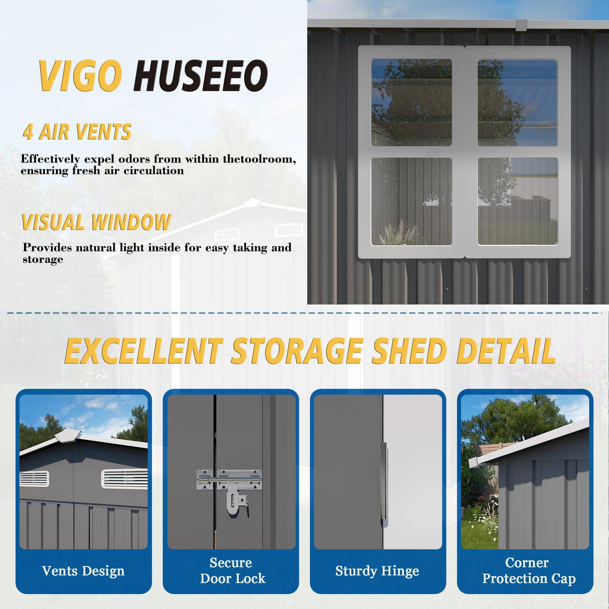 Vigo huseeo 10x14x6.7FT Outdoor Storage Shed, Galvanized Steel Garden Shed with Lockable Door & Window, Waterproof Metal Tool Storage for Garden, Backyard, Patio, Lawn(Grey) Vigo huseeo