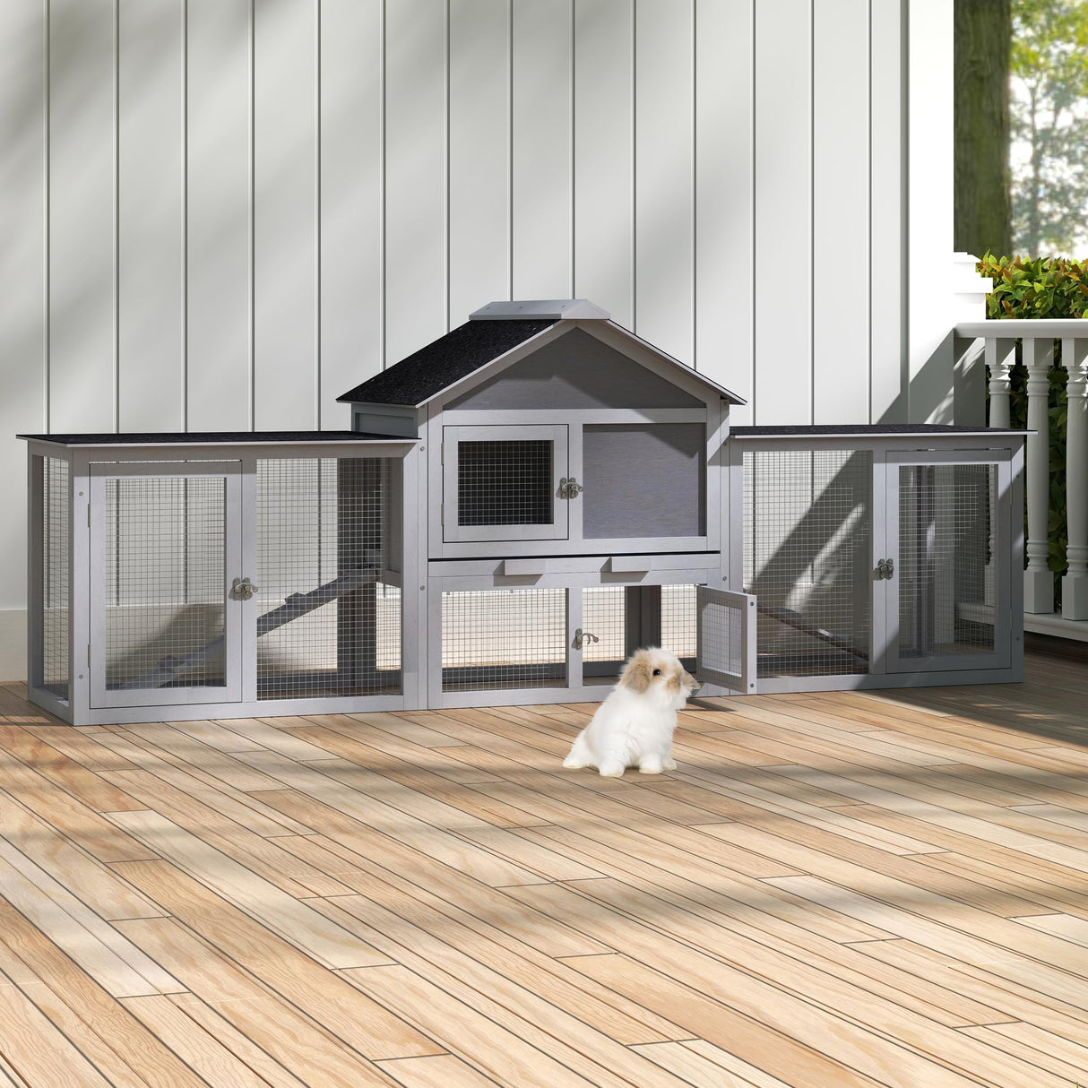 82.5” Large Wooden Rabbit Hutch Outdoor Easy to Assemble Rabbit Cage and Durable Bunny Hutch Indoor with Cleaning Tray & Waterproof Roof for Small and Medium Bunny Rabbit Chick (Grey) Nyeekoy