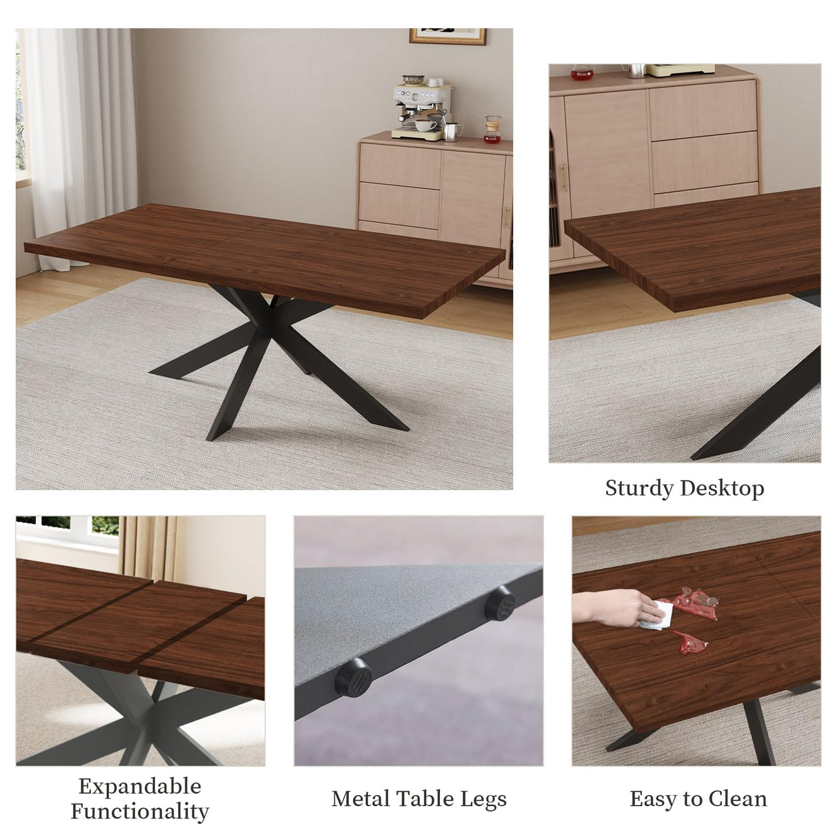 ZckyCine 7-Piece Dining Table Set with 51"-67" Extendable Walnut Wood Table and 6 PU Leather Chairs, Modern Rectangular Kitchen Table Set with Metal Legs, Seats 6, Easy Assembly ZckyCine