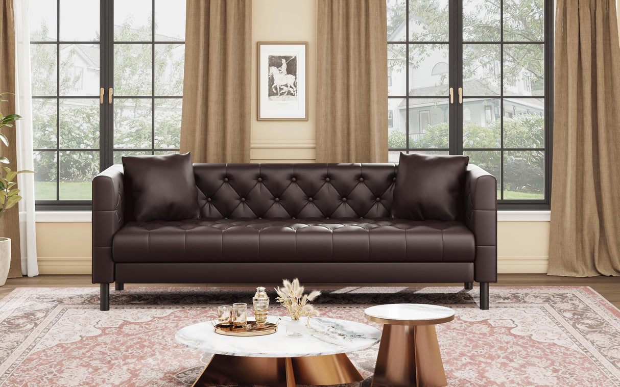 81" Mid-Century Modern Leather Sofa for Living Room, Chesterfield Sofa with Deep Seats and 2 Pillows, 3 Seater Couch with Button Tufted, Leather Couch for Apartment, Office, Dark Brown IDEALHOUSE