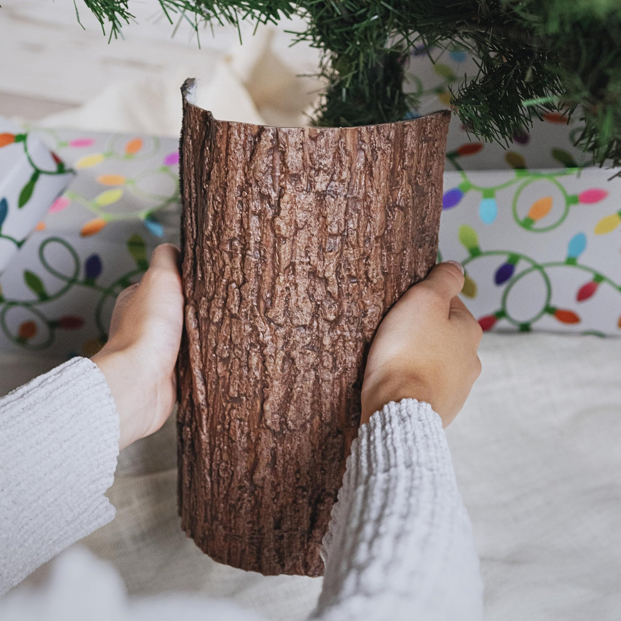 Realistic Faux Brown Bark Xmas Tree Skirt Hides Fake Pole, By Christmas Tree Hugger The Christmas Tree Hugger