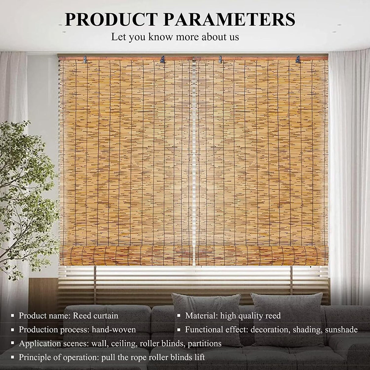 BAYUE Bamboo Reed Roller Blinds, Patio & Porch Blackout, UV Protection, Eco-Friendly, Heat Insulation, Semi-Sheer, Brown, 34"W x 48"H, Manual Lift, Outside Mount, Top Control, Rectangular, 1 Pack BAYUE