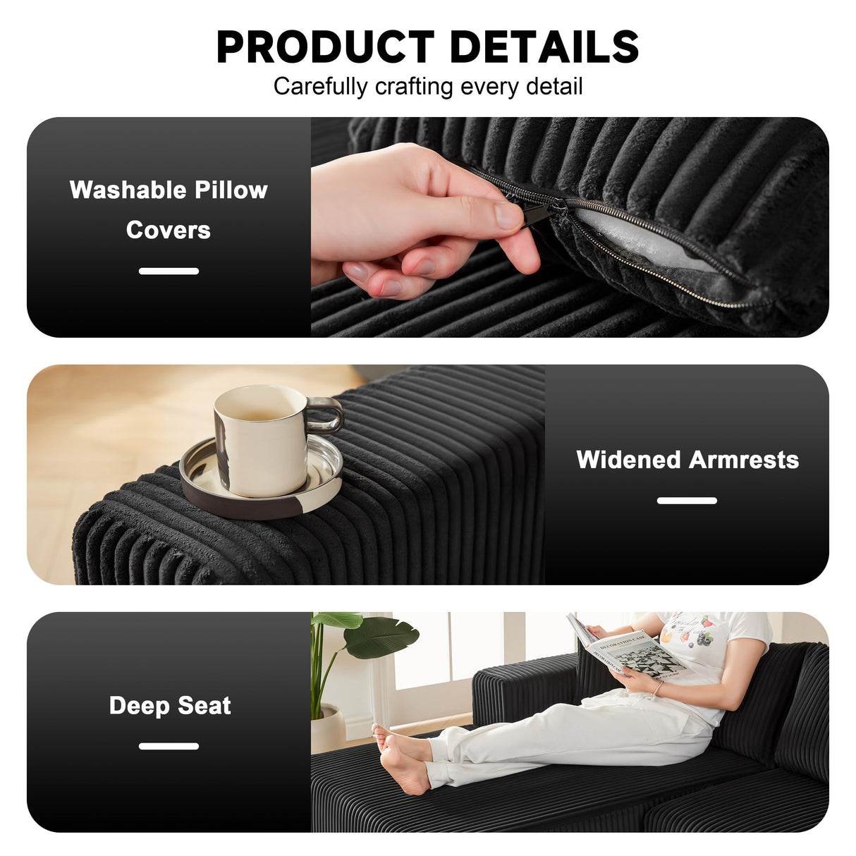 97" Boneless Couches for Living Room, Cloud Couch Sectional with Deep Seat, Comfy Couch with L-Shaped Chaise, Minimalist Upholstered Modular Sectional Sofa, No Assembly Required (Corduroy,Black) Huatean Home