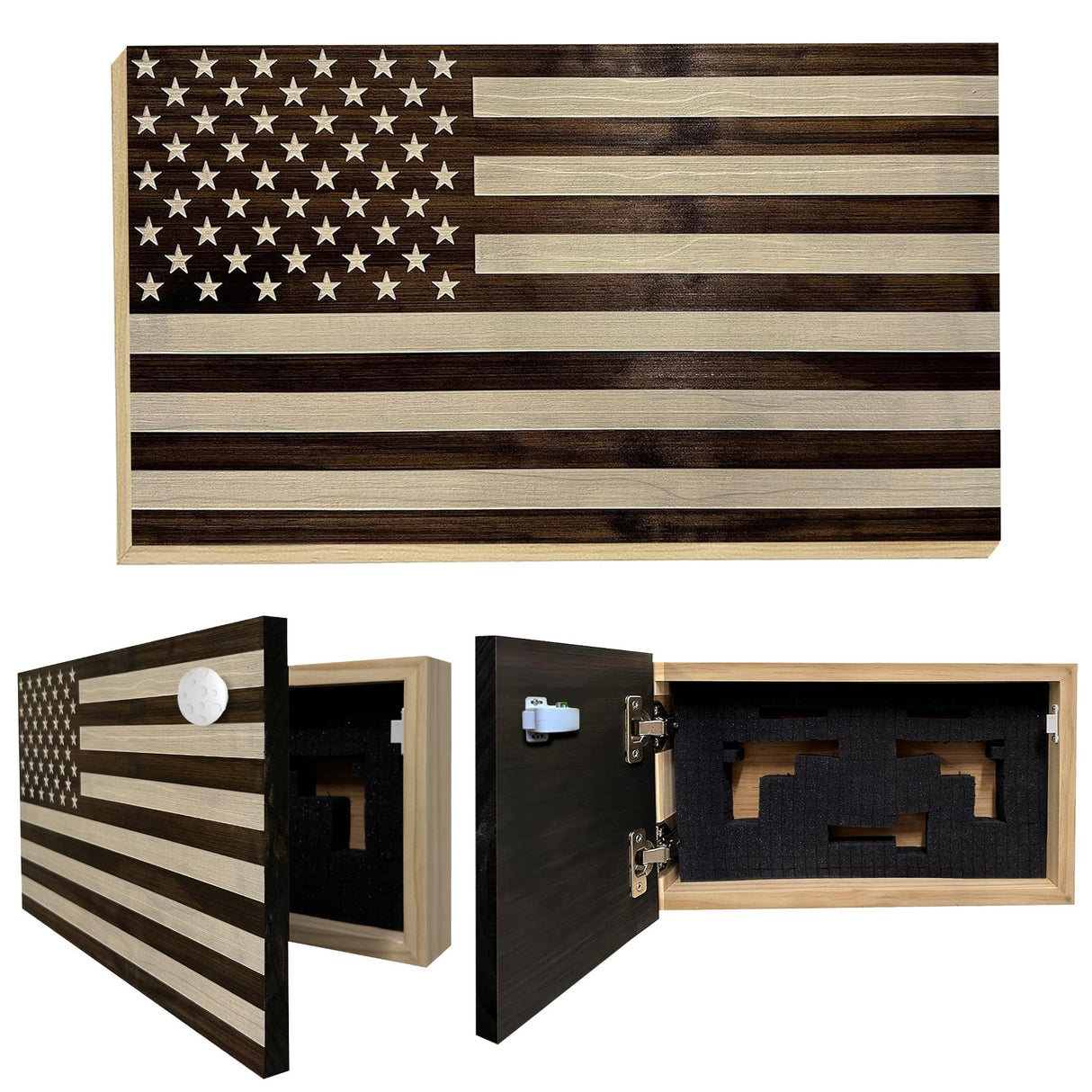 American Flag Hidden Gun Safe - Quick Access Hidden Gun Shelf - Concealment Shelf with Magnetic Lock - Wall Gun Safe for Secure Firearm Storage - Handcrafted In USA by Bellewood Designs (Dark Walnut) Bellewood Designs