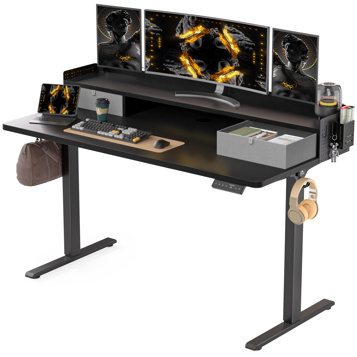 WALKINGDESK 55x24 Inches Electric Standing Desk with 2 Drawers, Height Adjustable Stand up Desk for Home Office, Ergonomic Sit to Stand Desk with Storage Shelf, DIY Board, Hooks, Black WALKINGDESK