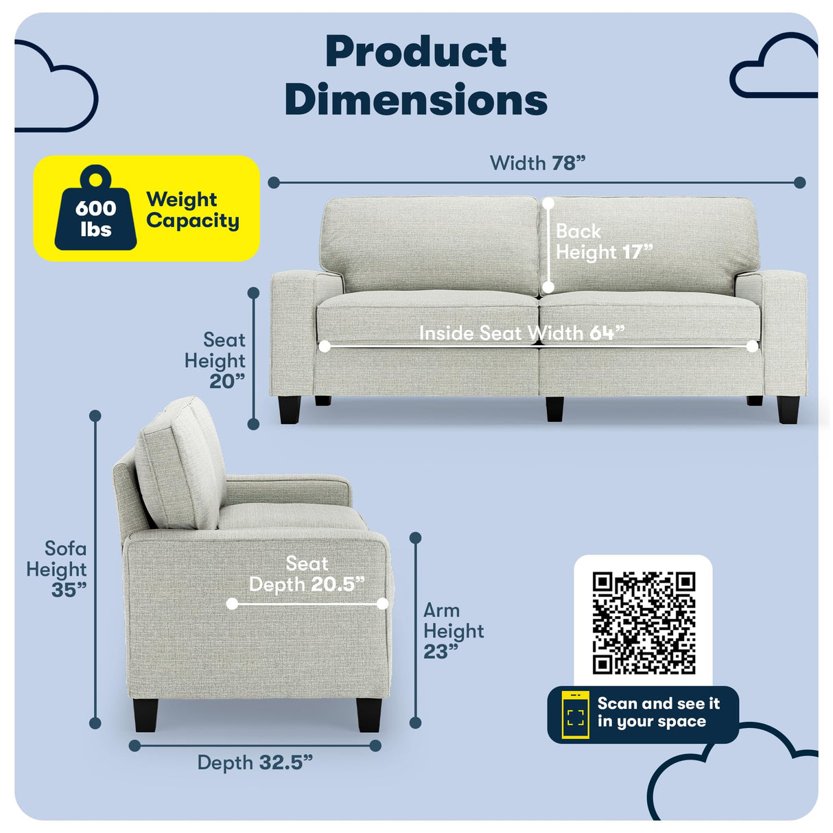 Serta Palisades 78" Track Arm Sofa, Easy Care Polyester, Soft Pillow Back, Pocket Coil Seat Cushions, Removable Covers, Loveseat or Couch for Small Spaces, Living Rooms or Bedrooms, Pebble Gray Serta