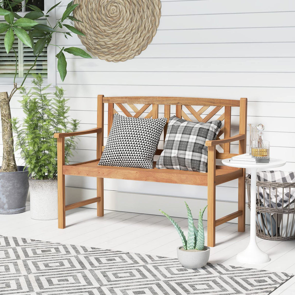 Tangkula 2-Person Acacia Wood Patio Bench with Curved Armrests and Slatted Seat Tangkula