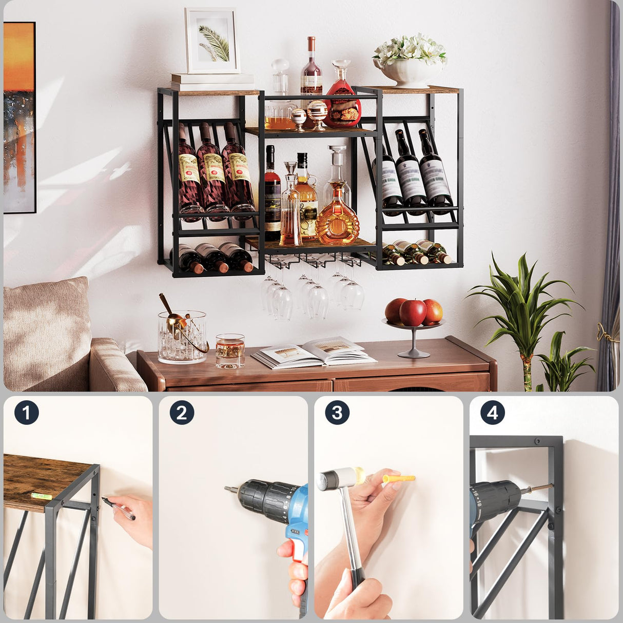 HOOBRO Wall Mounted Wine Rack, 3-Tier Wall Wine Rack, Floating Shelf with Wine Glass and Bottle Holders, Display Storage Shelf, for Dining Room, Kitchen, Living Room, Rustic Brown and Black BF23BJ01 HOOBRO