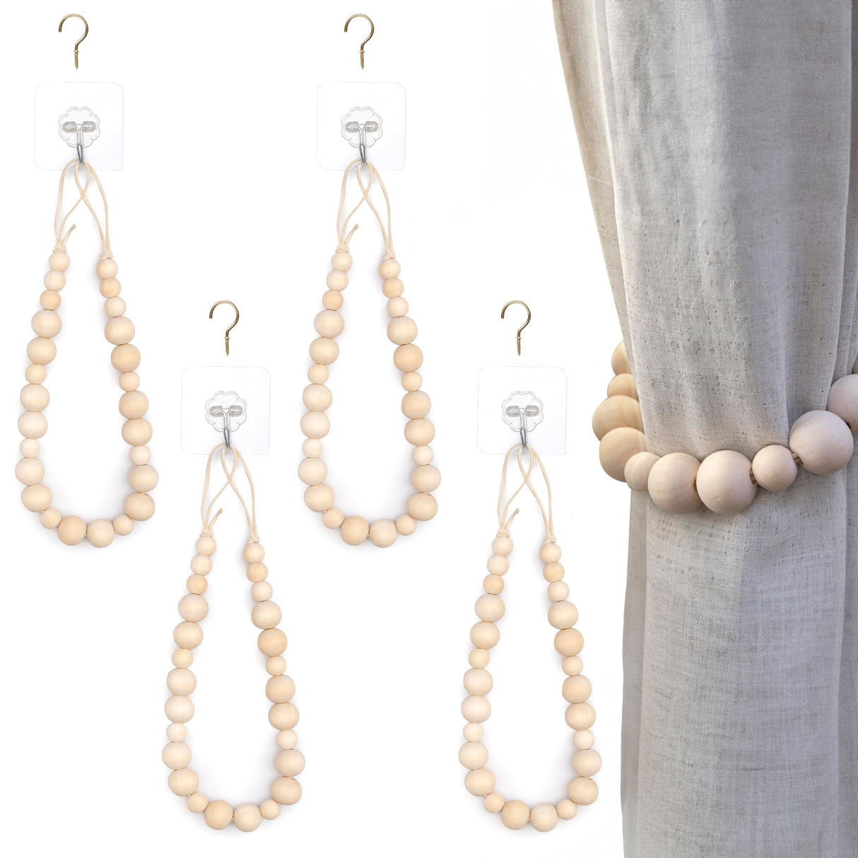 Wood Bead Curtain Tiebacks Set of 4, Boho Curtain Tiebacks, Farmhouse Curtain Tiebacks, Curtain Holder Tiebacks, Rustic Curtain Tiebacks, Curtains Ties, Curtains Tiebacks, Beaded Curtain Ties Backs MAINEVENT