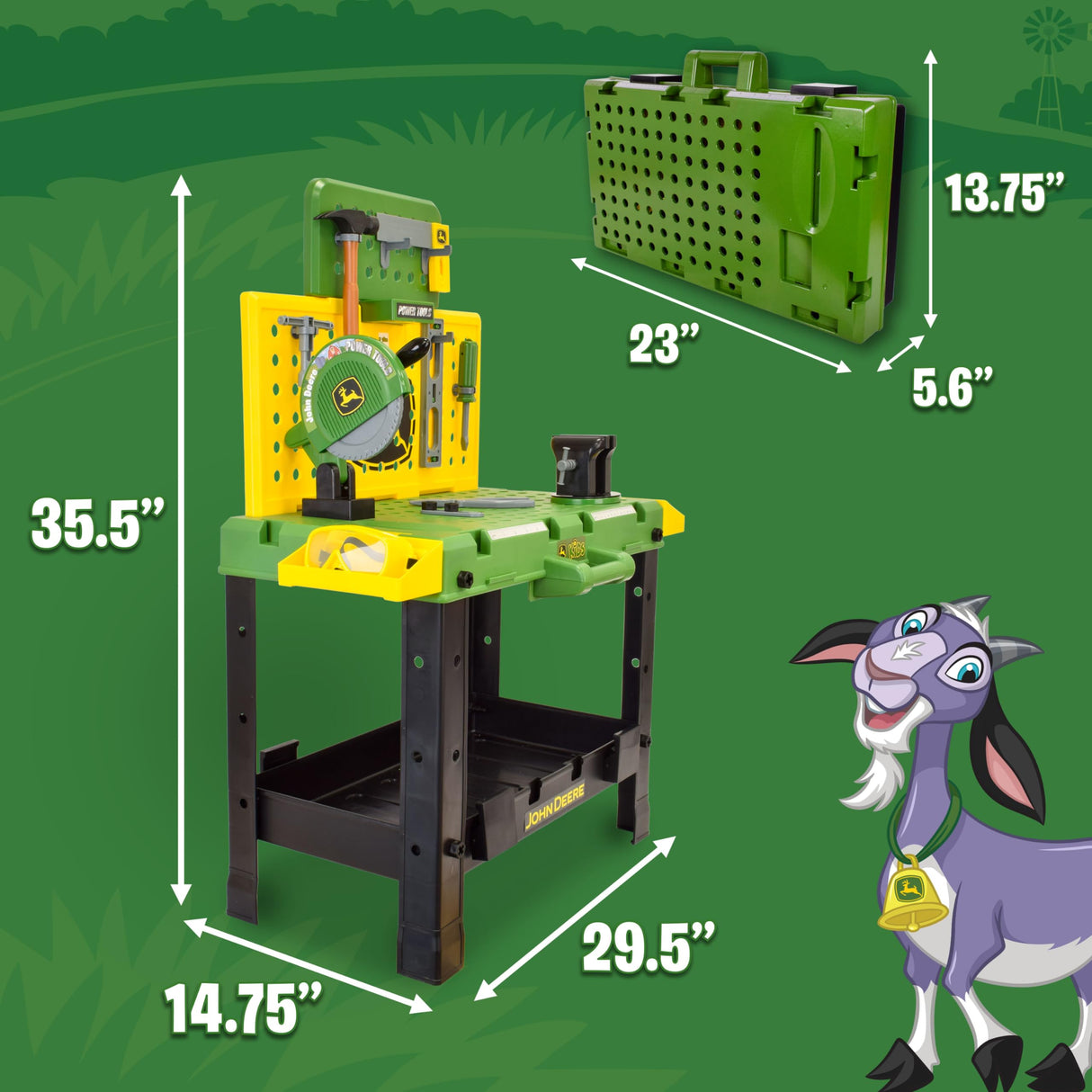 John Deere Kids Workbench, Power Tools Workshop, Build Your Own Toy Tool Box with 55 Realistic Toy Tools and Accessories, 5+ Sunny Days Entertainment