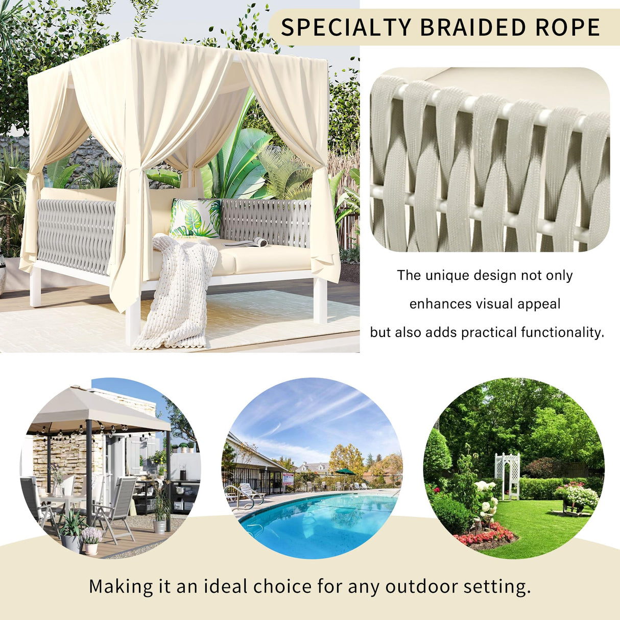 Merax Outdoor Patio Daybed with Soft Thick Cushions, Two Pillows and Curtains, Double Chaise Lounge Sunbed with Rubber Core Rope Backrest for Outside Pool,Garden,Backyard,Lawn, Beige Merax