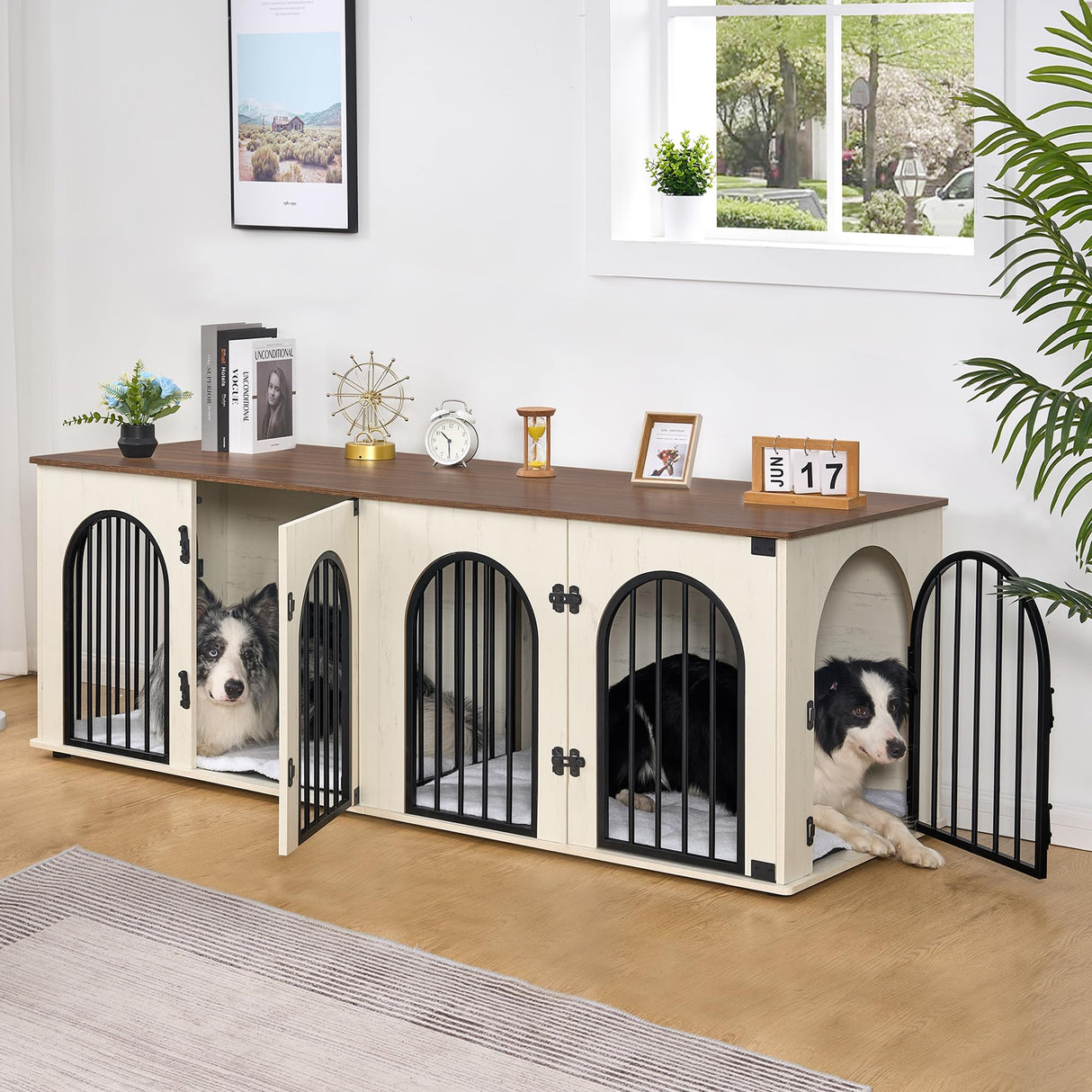 Hzuaneri Dog Crate Furniture, 71" Heavy Duty Dog Kennels with Divider, Pads, Side Table, TV Cabinet, Wooden Dog Crate Furniture for 2 Dogs, Small/Medium/Large Dog, Anti-Chew, White Brown Hzuaneri