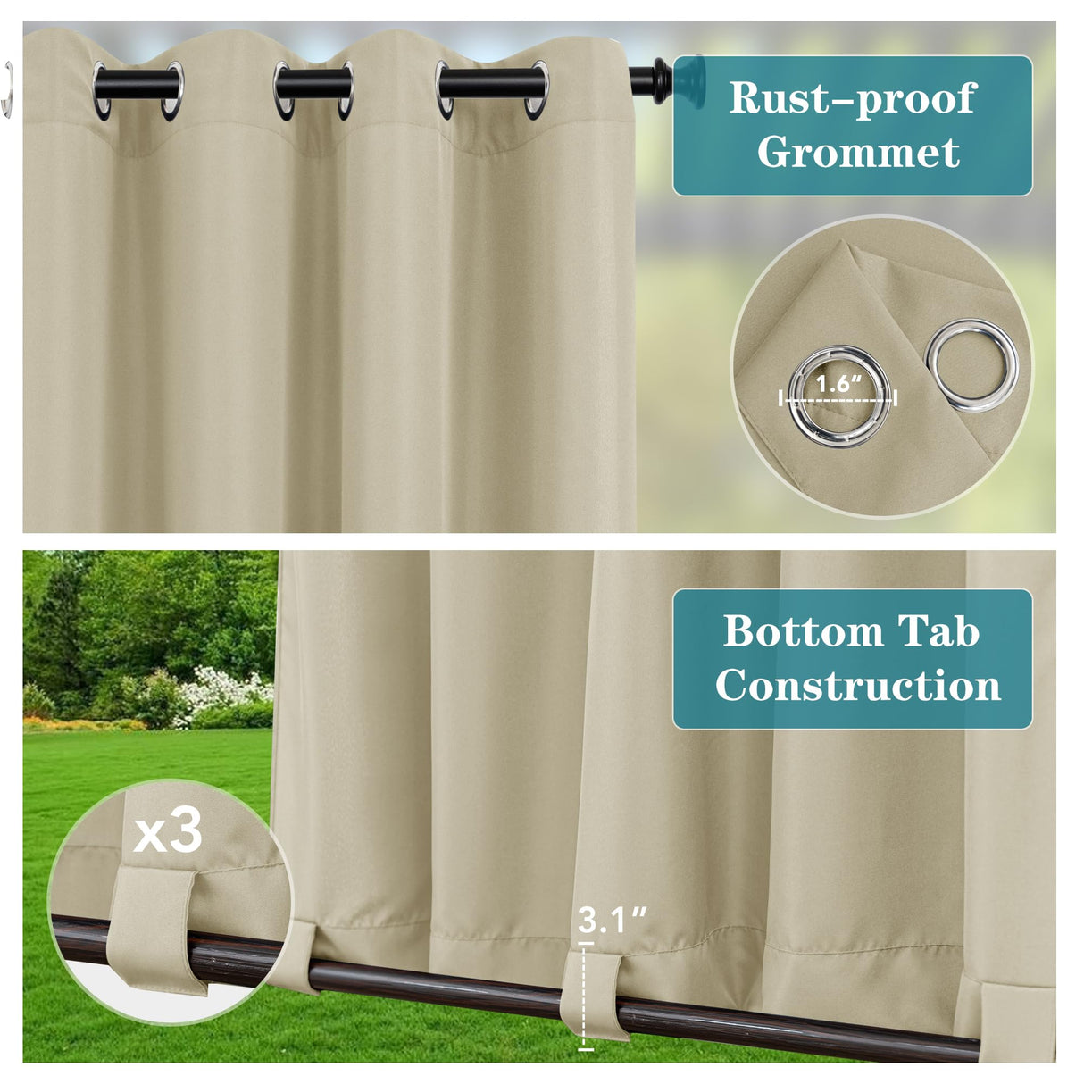 HolidayIdeas Outdoor Curtains for Patio Waterproof-4 Panels 54"x84"-Windproof Weatherproof Privacy Cream Outside Curtains-Grommet Top and Tab Bottom Drape for Gazebo, Porch, Pergola, Cabana, Backyard HolidayIdeas