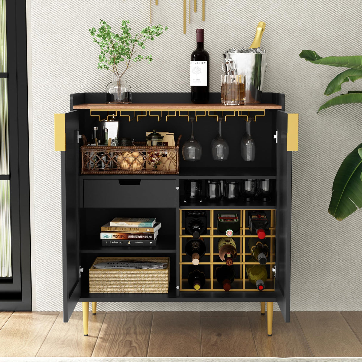 ARTPOWER Sideboard Buffet Cabinet with Fluted Texture, Modern Coffee Bar Cabinet with Wine Rack&Drawers, Black Liquor Cabinet for Kitchen Dining Room, Living Room ARTPOWER
