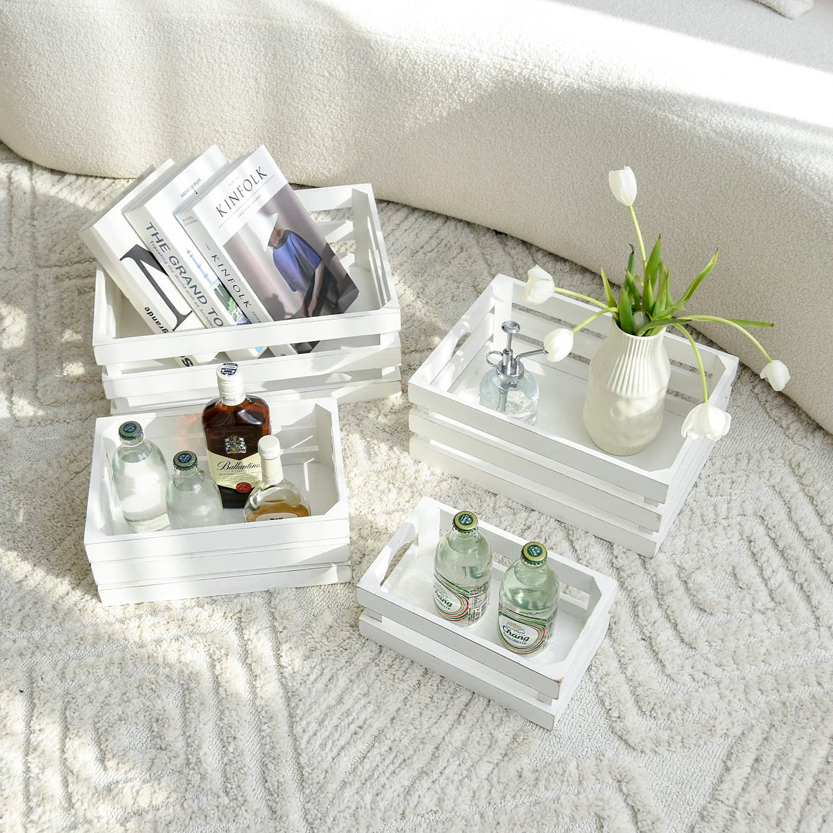 MACVAD Set of 4 Large Wooden Crates Decorative, Whitewashed Nesting Wooden Crates for Display Rustic, Farmhouse Wooden Storage Container Boxes Made from 100% Wood MACVAD