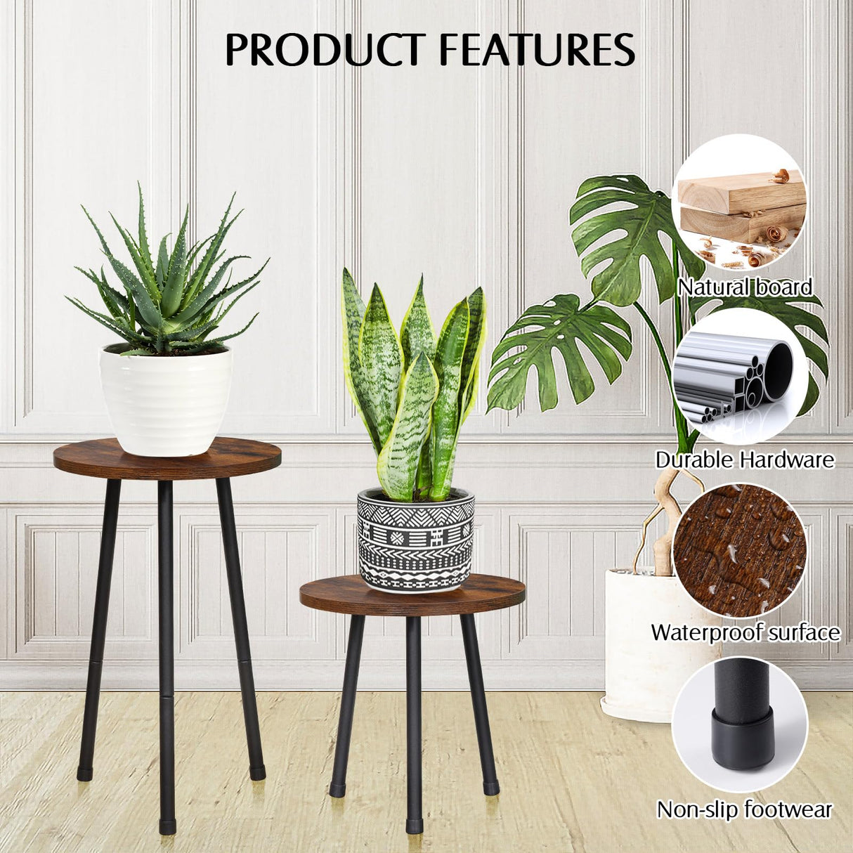 YENGOTH 2 Pack Indoor Plant Stand, Mid-Century Wooden Style Plant Holder, Indoor Outdoor Flower Stand,Small Round Table, Two Different Sizes(Black) YENGOTH