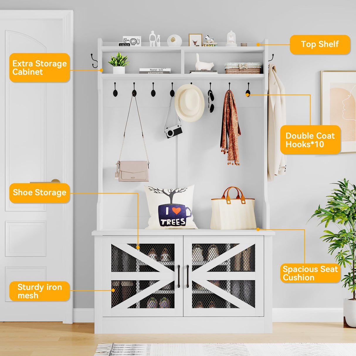 DWVO Farmhouse Hall Tree, Entryway Bench with Coat Rack and Shoe Storage, Freestanding Bench for Entryway Hallway, White DWVO