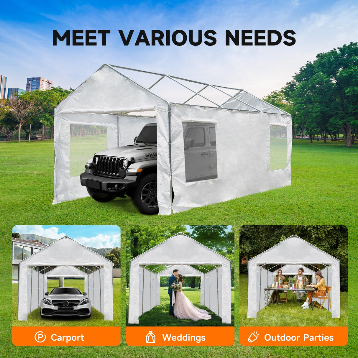 MELLCOM 10 x 20ft Carport Replacement Canopy Cover Side Wall with Window,Garage Tent Shelter Waterproof & UV Protected,White (Top and Frame Not Included) MELLCOM