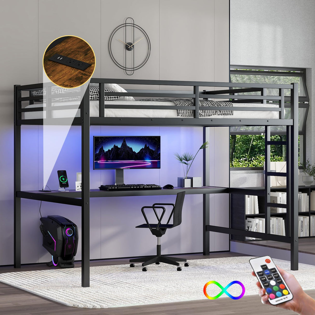 Full Size Metal Loft Bed with Desk and LED Lights,Heavy Duty Loft Bed Frame with Charging Station and USB for Kids,Teens,Adults,Full Size,Black Bellemave