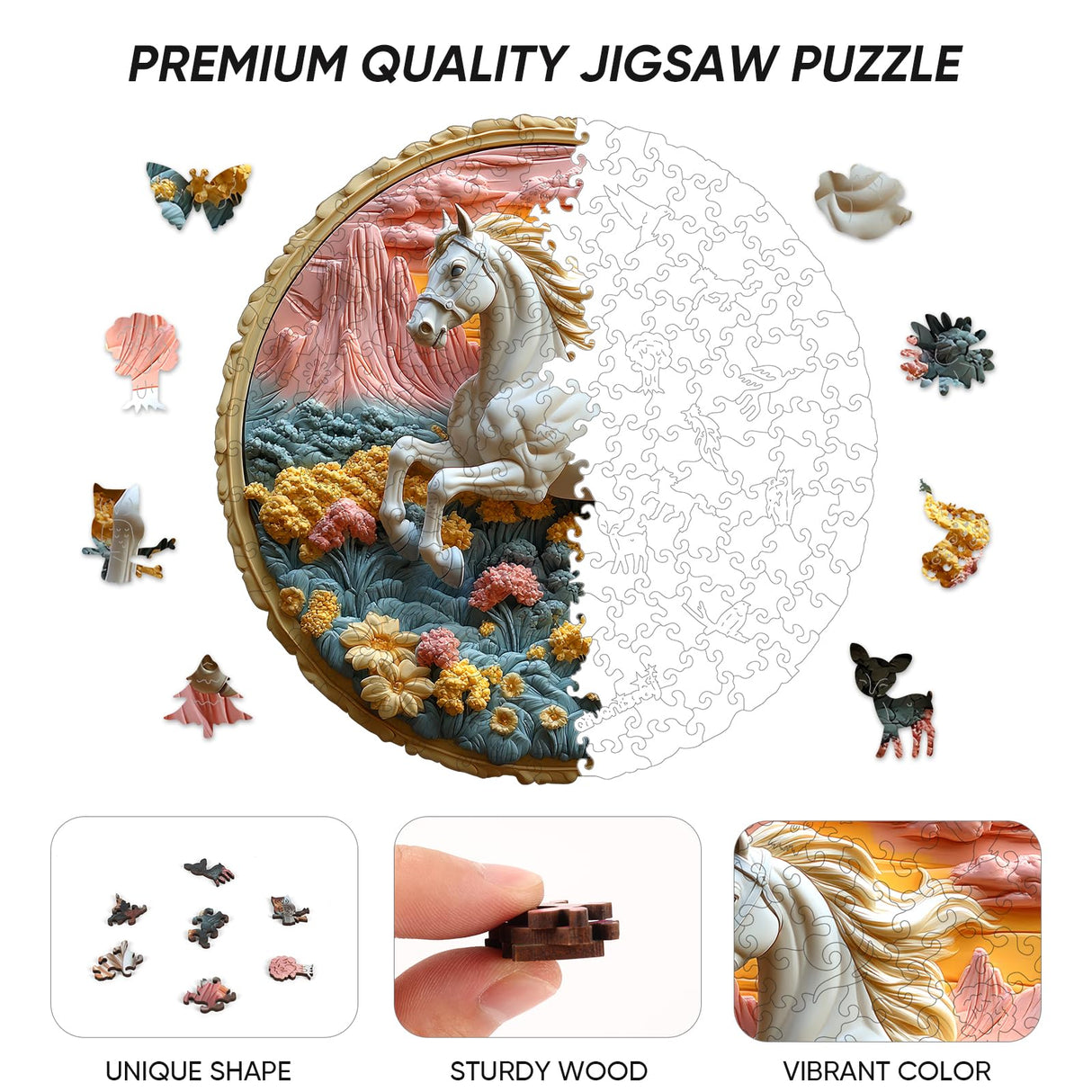 Wooden Puzzle for Adults 500 Piece - 3D Vision Effect Galloping White Horse Wooden Puzzle Unique Shape Advanced Wooden Jigsaw Puzzle, Wood Puzzles, Challenge Wooden Jigsaw Puzzle(16.3 x 16.5 in) Qiuenisray