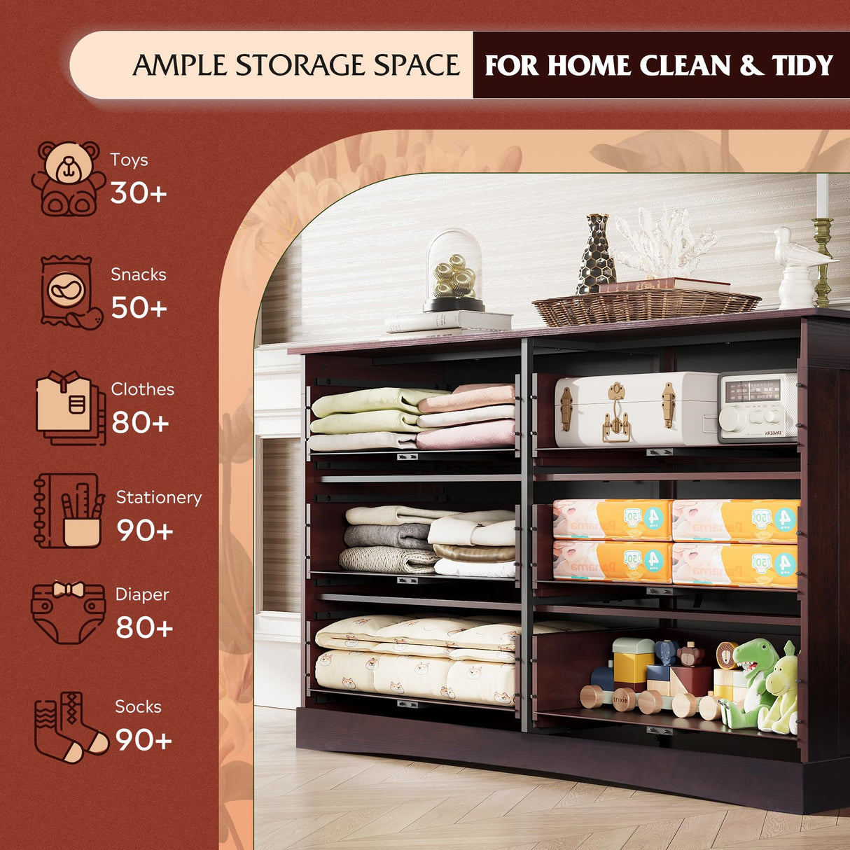 WLIVE Wood Dresser for Bedroom, Wide Chest of Drawers with 6 Drawers, Large Brown Storage Tower Unit, Modern Minimalist Closet Store Organizer for Living Room, Hallway WLIVE