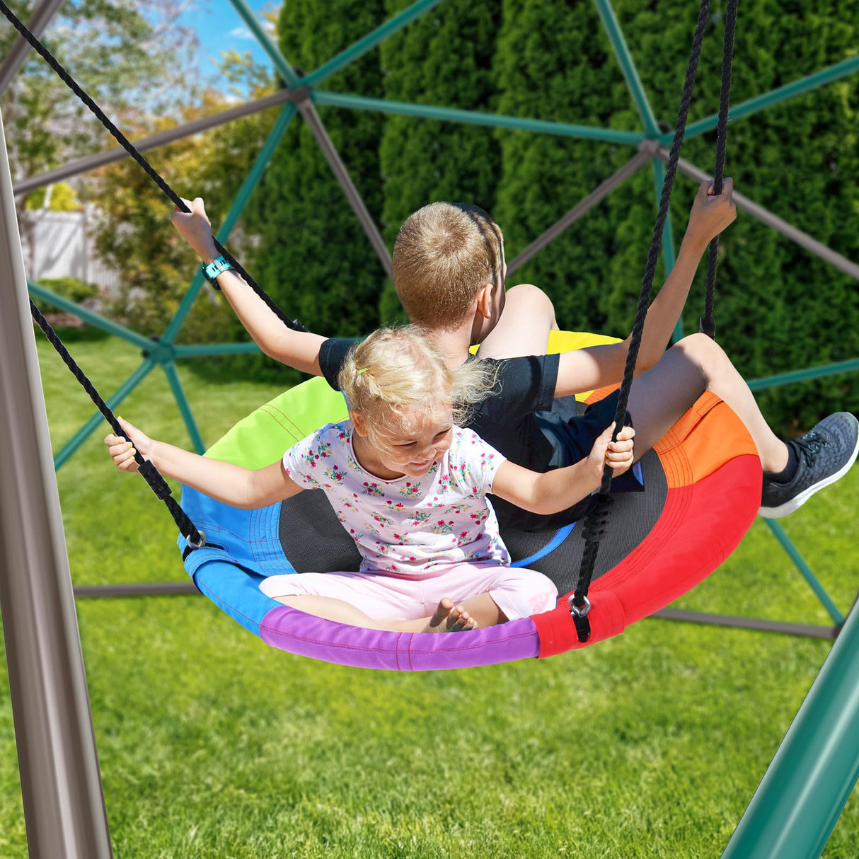 Hapfan 10 ft Climbing Dome Swing Set with Saucer Swing, Jungle Gym for Kids Outdoor Backyard, Supports 800lbs, Easy Asssembly, Rust-Resistant Outdoor Playset for Ages 3-8 8-12 (Green and Brown) Hapfan