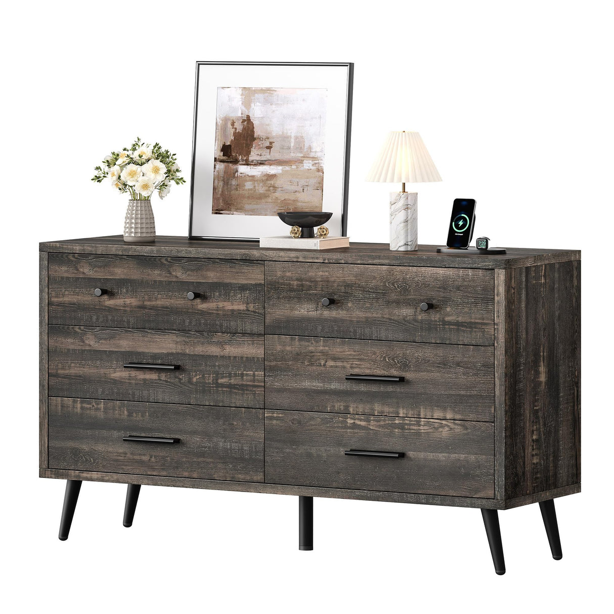DWVO 6-Drawer Dresser, Wood Storage Cabinet with Black Metal Handles & Anti-Tip Design, Modern Chest of Drawers for Living Room, Bedroom, or Hallway-Dark Rustic Oak DWVO