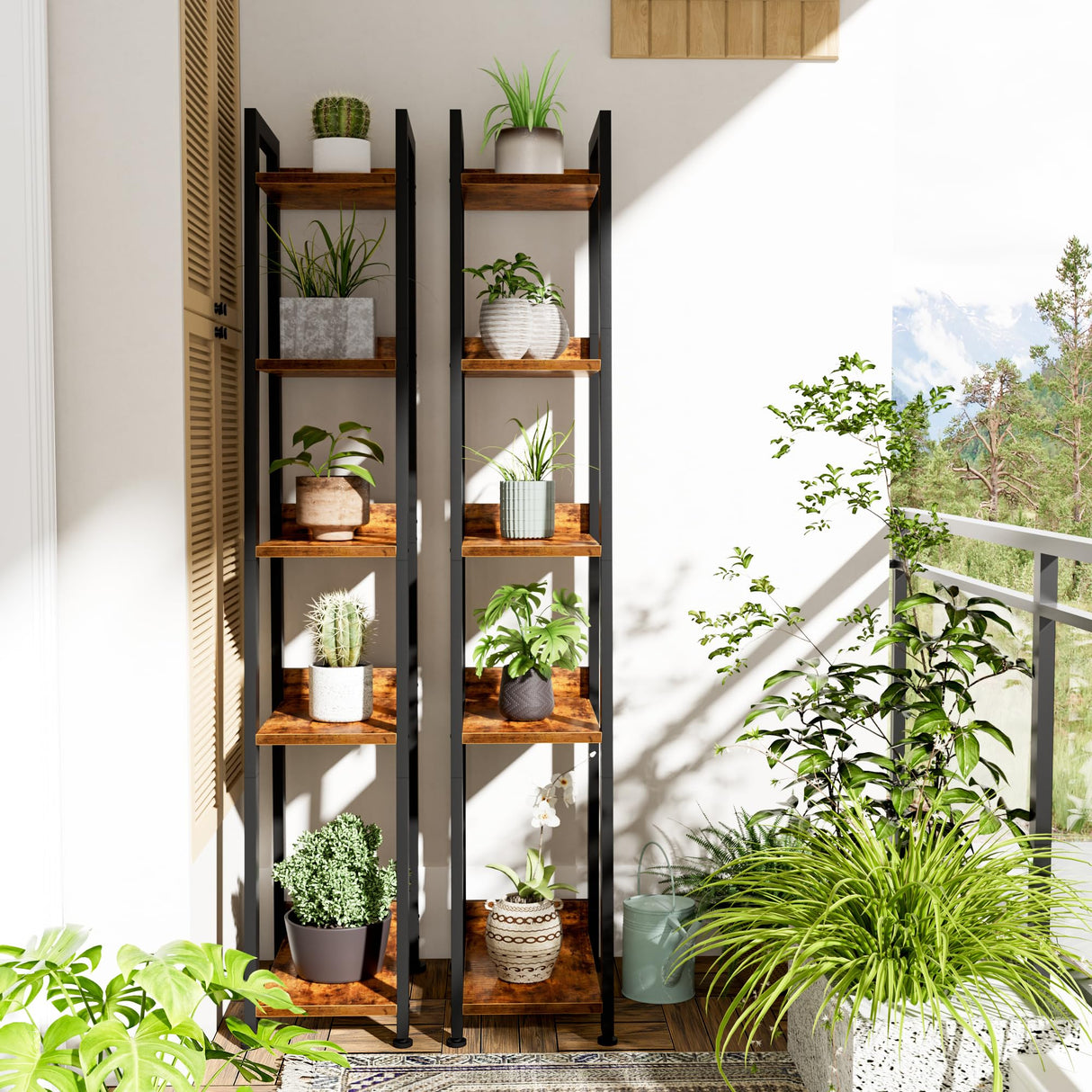 KLUVIS Narrow Ladder Shelf for Small Spaces - 5 Tier Thin Bookshelf Skinny Book Shelves Slim Bookshelves 60 inch Tall, Farmhouse Brown (02BN) KLUVIS