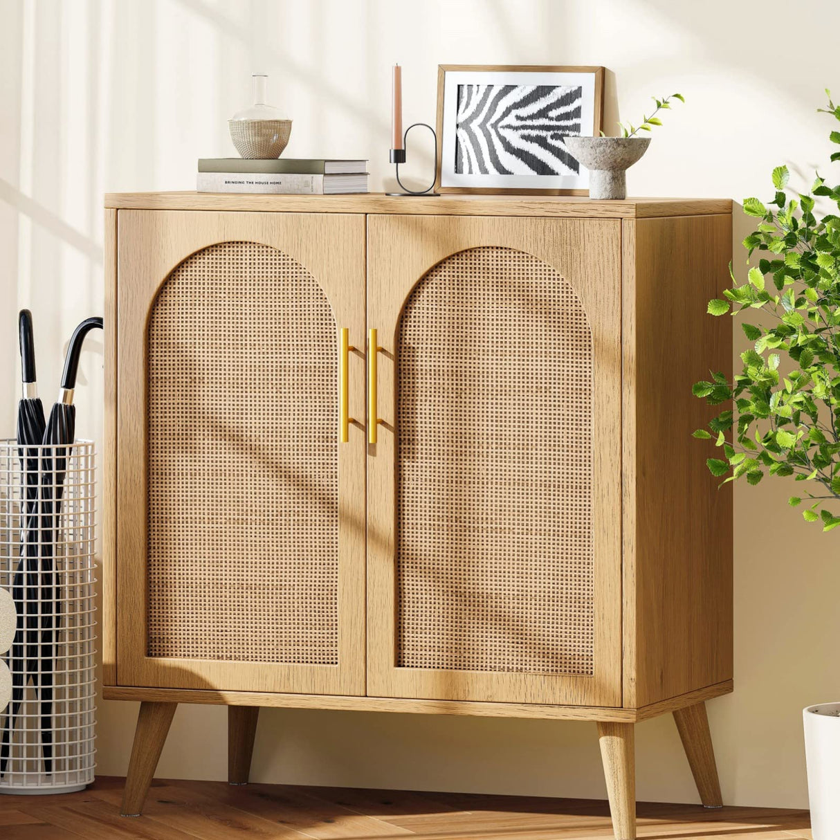 Rovaurx Rattan Storage Cabinet with Doors, Accent Bathroom Floor Cabinet, Modern Sideboard Buffet Cabinet for Living Room, Entryway, Dining Room and Kitchen, Natural BMGZ108M Rovaurx