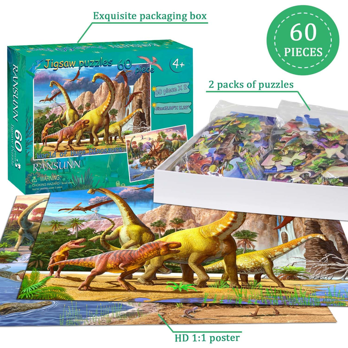Dinosaur Puzzles for Kids Ages 4-8 Year Old - World of Huge Dinosaurs,2 Packs 60 Pieces Jigsaw Puzzle for Toddler Children Learning Educational Puzzles Toys for Boys and Girls. RANSUNN