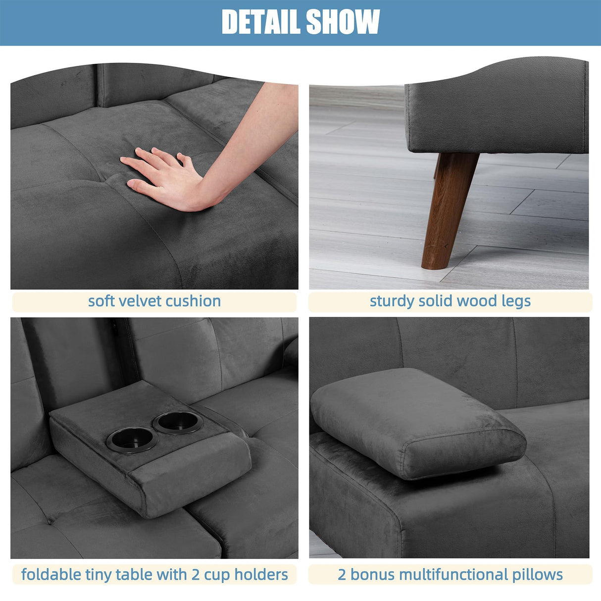 Shintenchi Futon Sofa Bed, Convertible Foldable Couch Recliner Sleeper, Small Lazy Loveseat, Velvet Fabric with 3 Adjustable Backrest Positions, Folding Cup Holders for Home, Office & Apartment Shintenchi