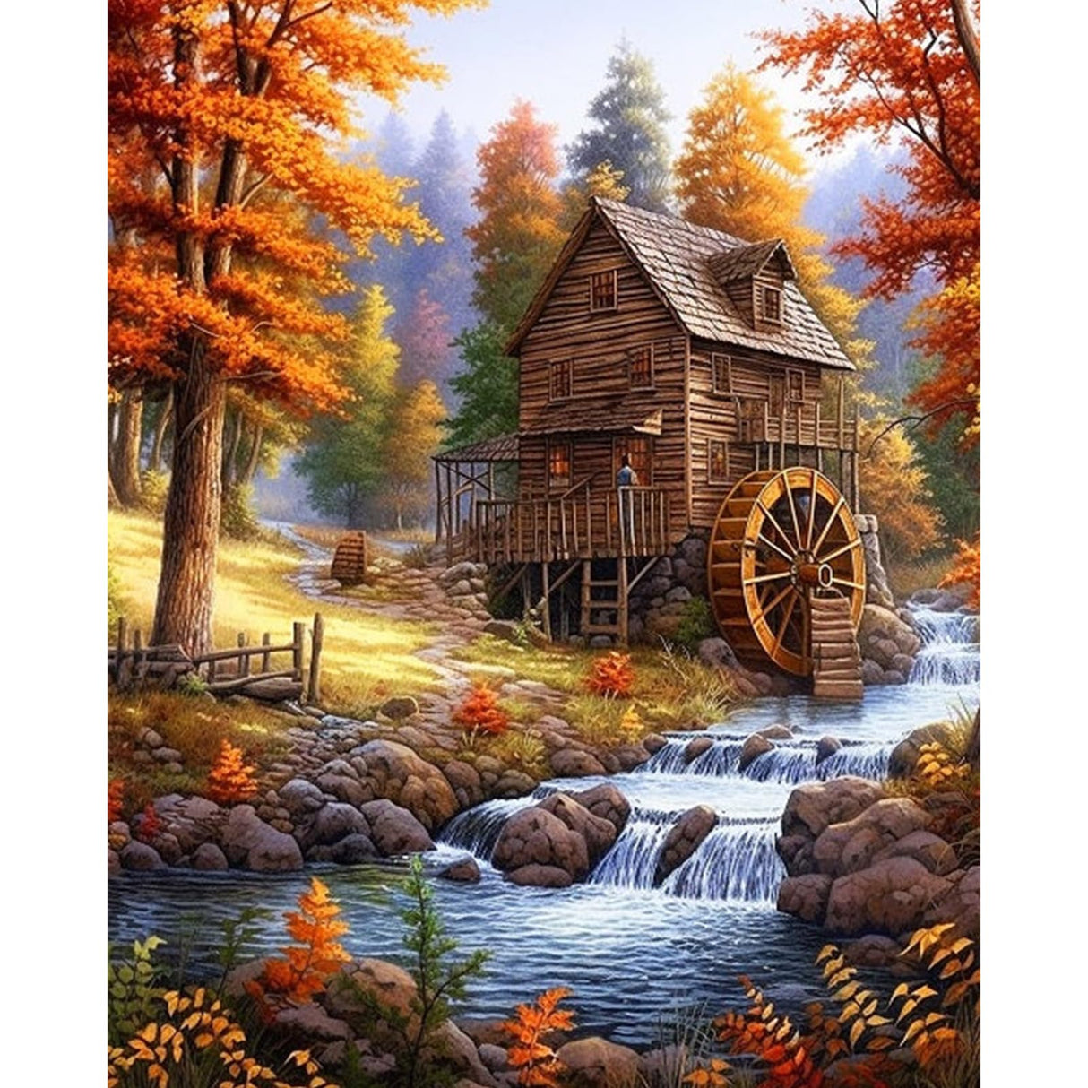 Paint by Numbers Kit for Adults Beginner, Fall Landscape Adult Paint by Number Kits on Canvas Without Frame, Cabin in The Forest, Stream Oil Paint by Numbers for Home Decor Gift 16” W x 20”L Fountor