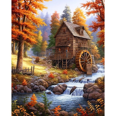 Paint by Numbers Kit for Adults Beginner, Fall Landscape Adult Paint by Number Kits on Canvas Without Frame, Cabin in The Forest, Stream Oil Paint by Numbers for Home Decor Gift 16” W x 20”L