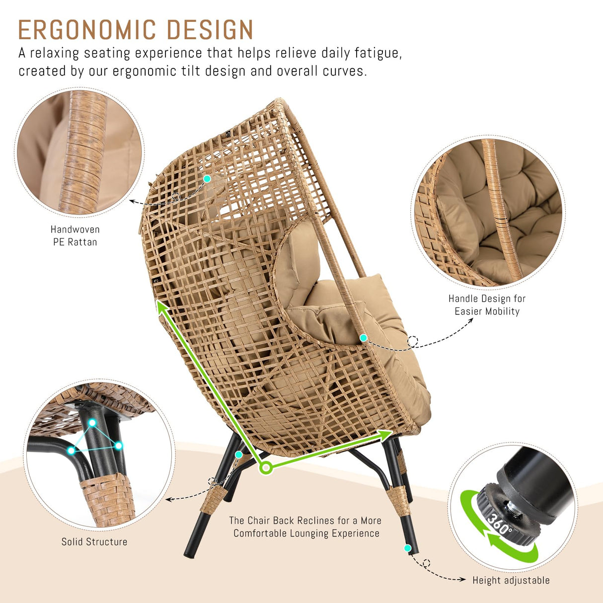 RADIATA Egg Chair with Footrest, Wicker Patio Lounger with Ottoman, Oversized Rattan Egg Shaped Chair with Leg for Indoor Outdoor Patio Balcony Garden (Nature) RADIATA