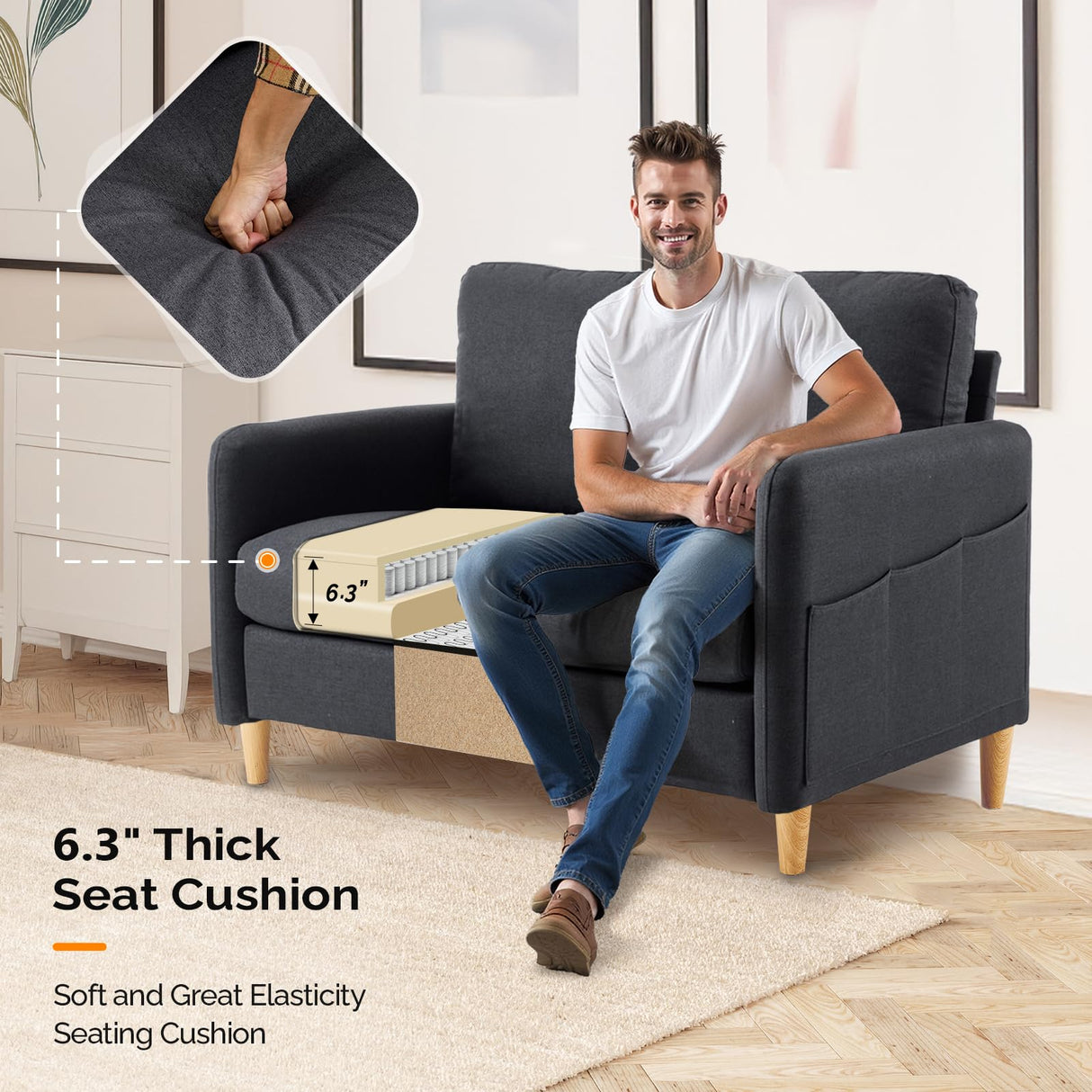 VINGLI 47" Small Couch, Linen Loveseat Sofa Black Mini Couch Mid Century Modern Decor Love Seat for Small Spaces Living Room, Bedroom, Play Room VINGLI