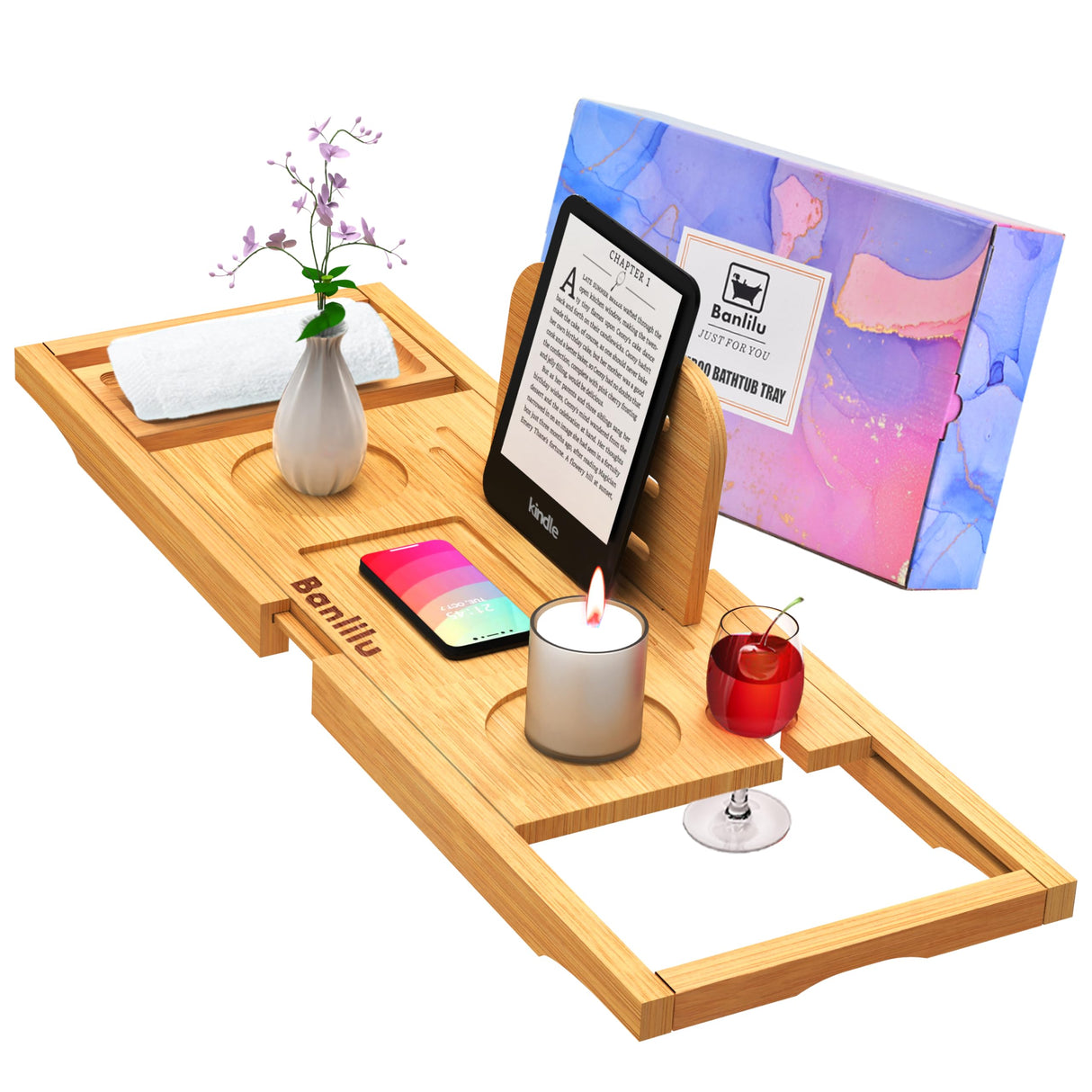 Luxury Bathtub Caddy Tray - Bath Tray Expandable - Bath Tub Tray Table for Bathtub - Bath Caddy Tray for Bathtub, Ajustable Size, Fits Most Tubs Banlilu