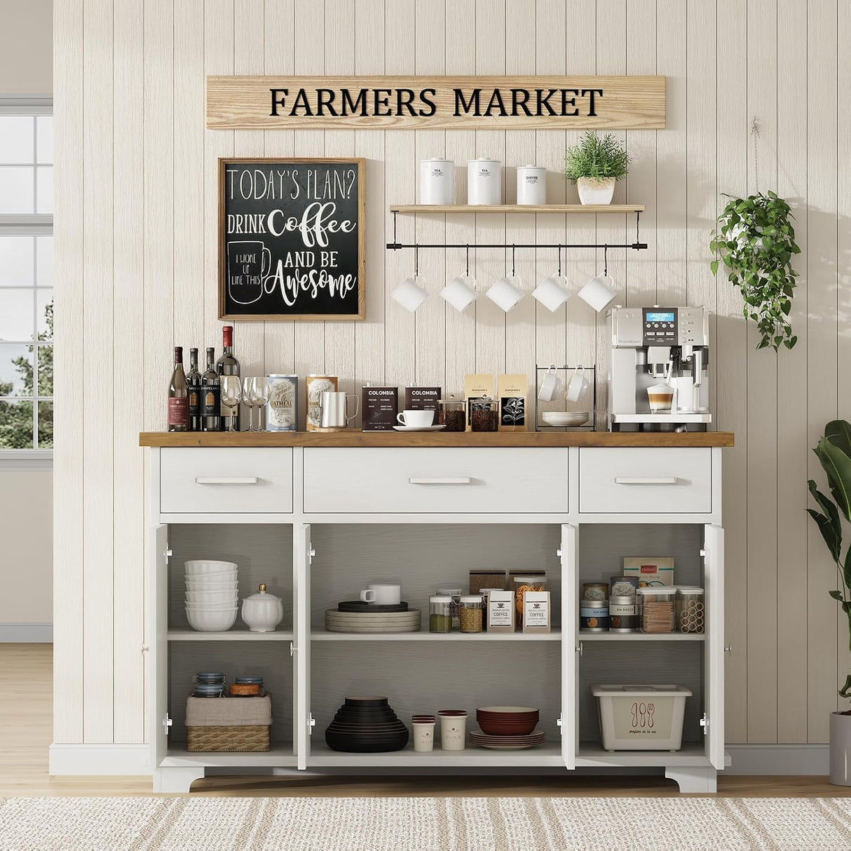 REVOMINCA 55 Inch Buffet Cabinet with 3 Drawers and 4 Barn Doors, Sideboard Coffee Bar for Kitchen, Farmhouse Coffee Bar with Storage, White REVOMINCA