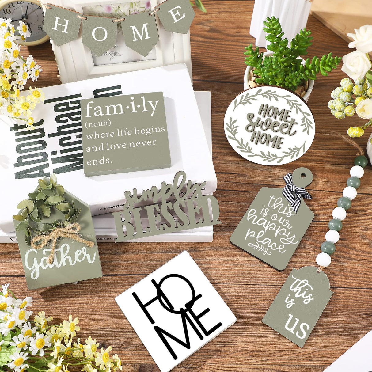 Two Tiered Tray with 11 Pcs Wooden Signs, Farmhouse Tiered Tray Decor Set Rustic Wood Home Kitchen Table Stand Decor Decorative Table Shelf Centerpiece(Stylish Style) Patelai